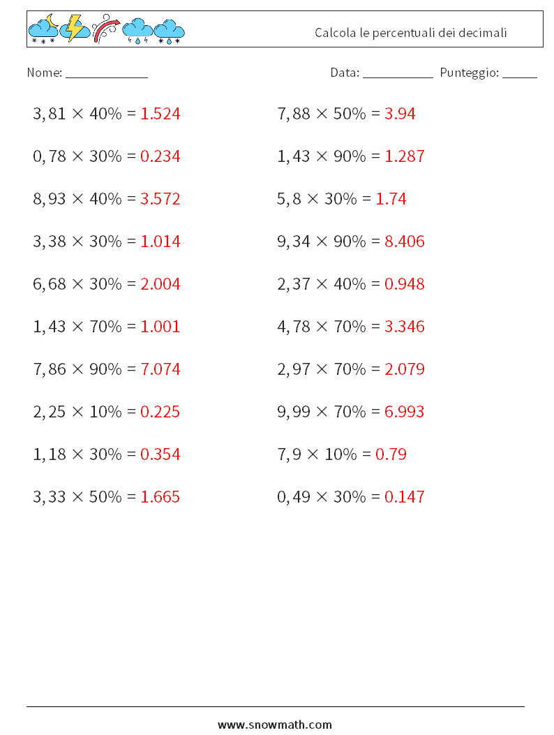 Calcola le percentuali dei decimali Fogli di lavoro di matematica 5 Domanda, Risposta