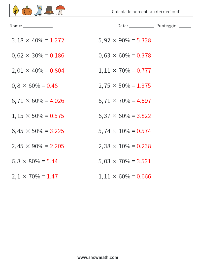 Calcola le percentuali dei decimali Fogli di lavoro di matematica 6 Domanda, Risposta