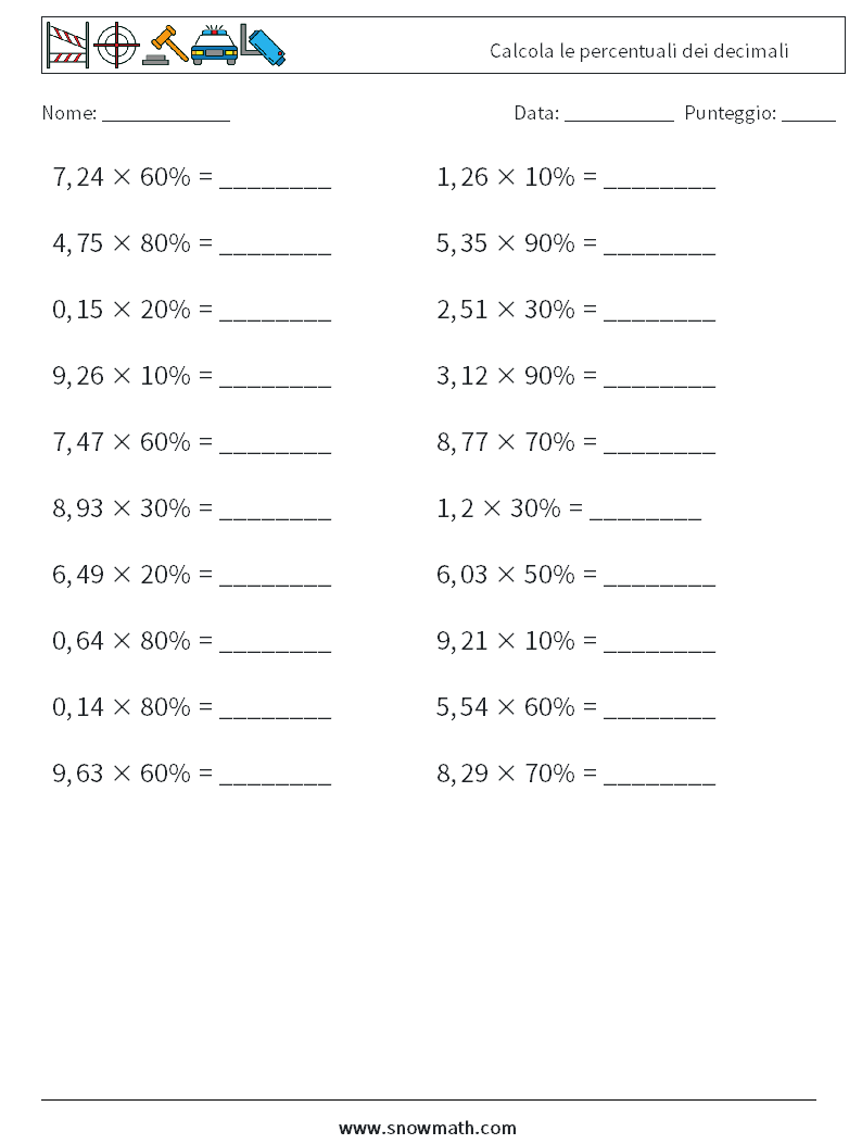 Calcola le percentuali dei decimali Fogli di lavoro di matematica 7