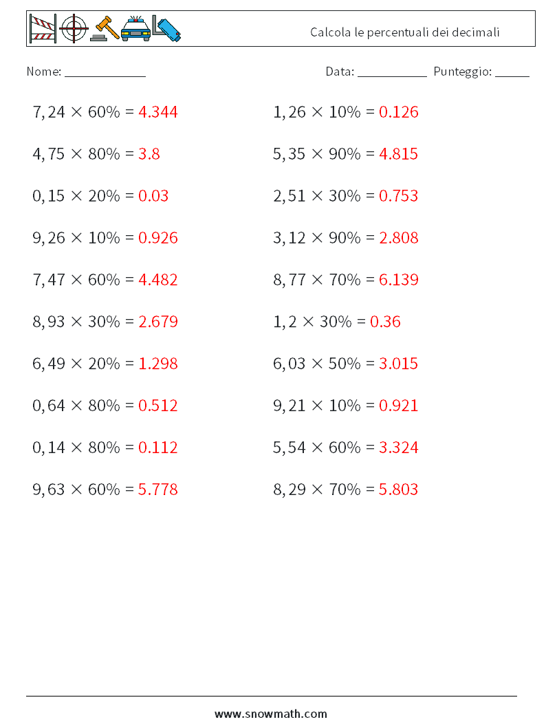 Calcola le percentuali dei decimali Fogli di lavoro di matematica 7 Domanda, Risposta