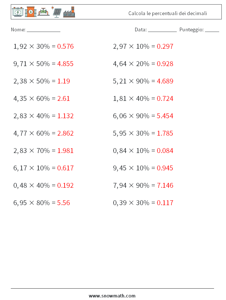 Calcola le percentuali dei decimali Fogli di lavoro di matematica 8 Domanda, Risposta