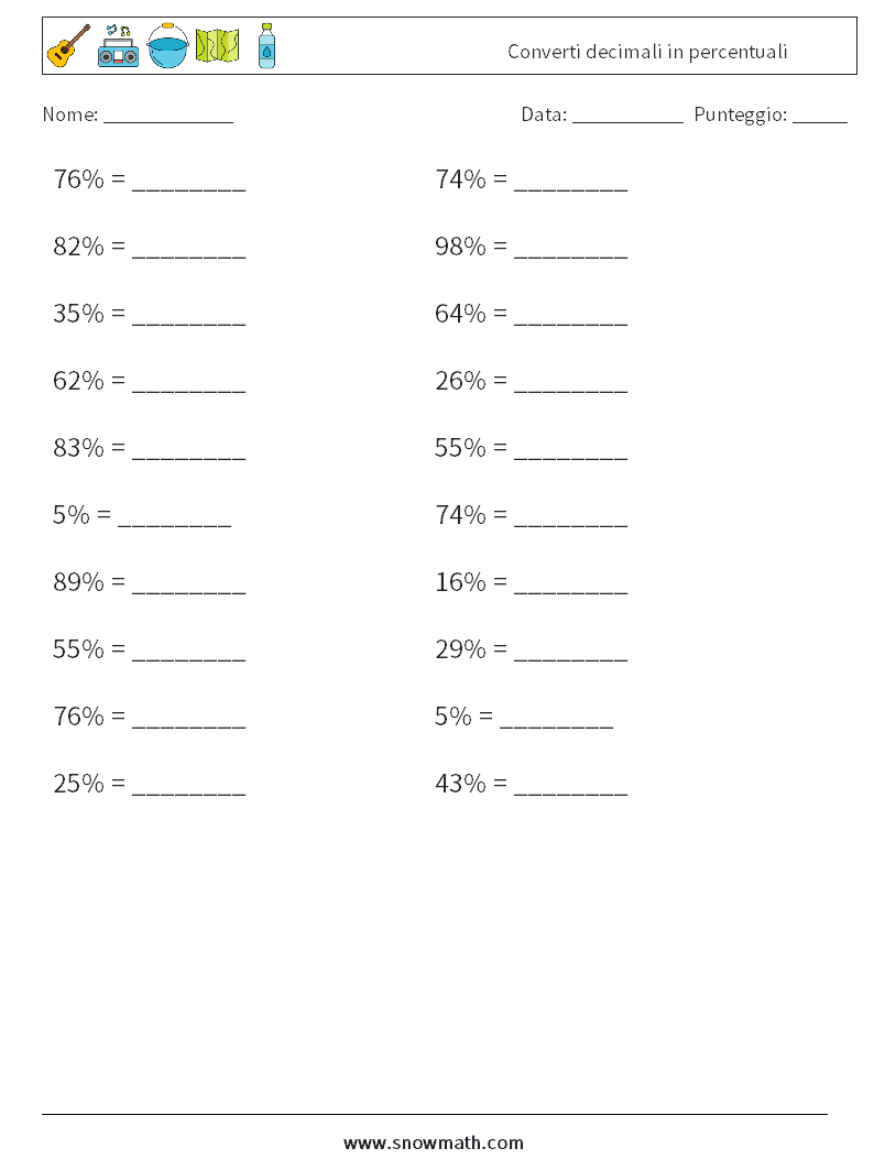Converti decimali in percentuali Fogli di lavoro di matematica 2