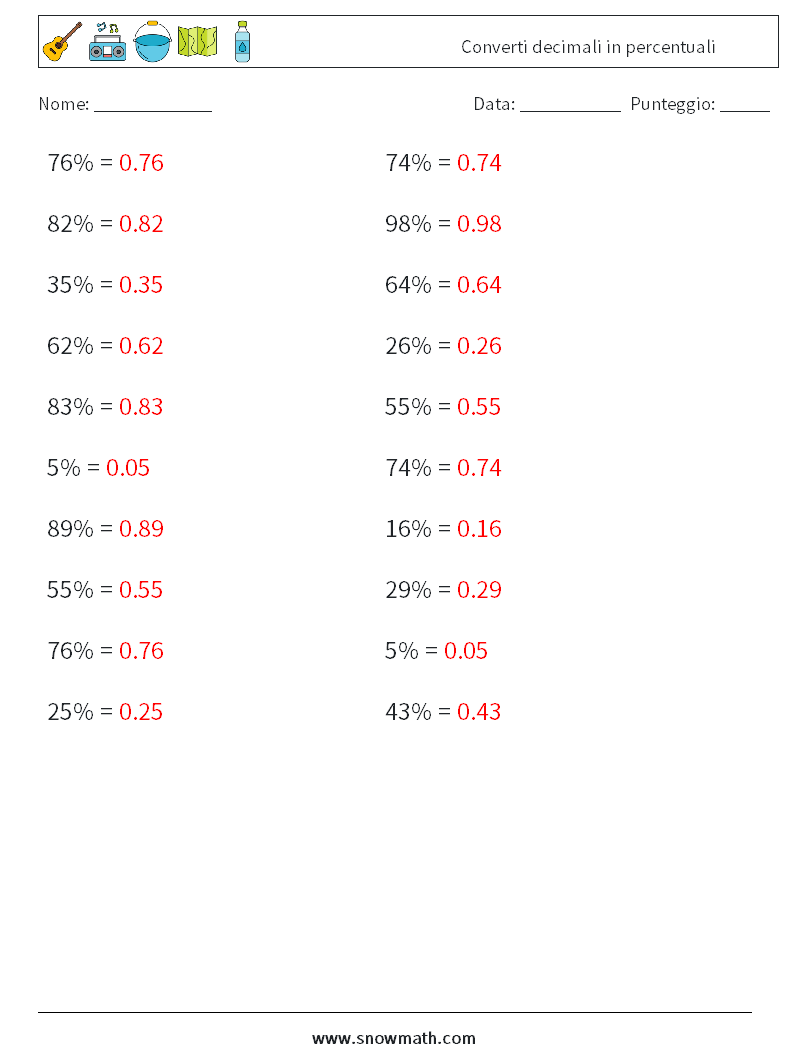 Converti decimali in percentuali Fogli di lavoro di matematica 2 Domanda, Risposta