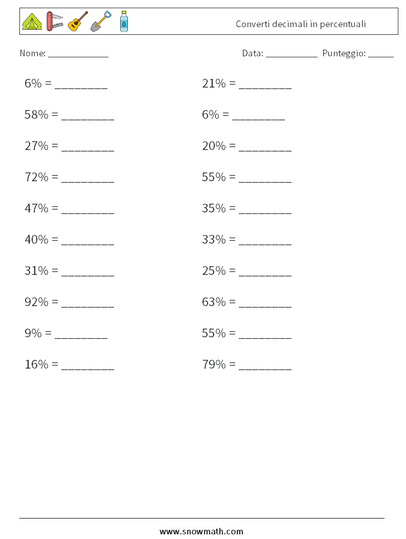 Converti decimali in percentuali Fogli di lavoro di matematica 4