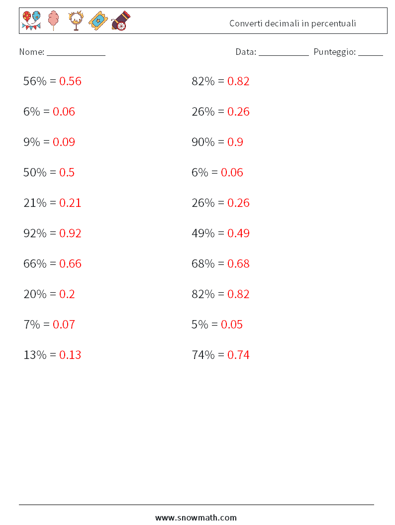 Converti decimali in percentuali Fogli di lavoro di matematica 5 Domanda, Risposta