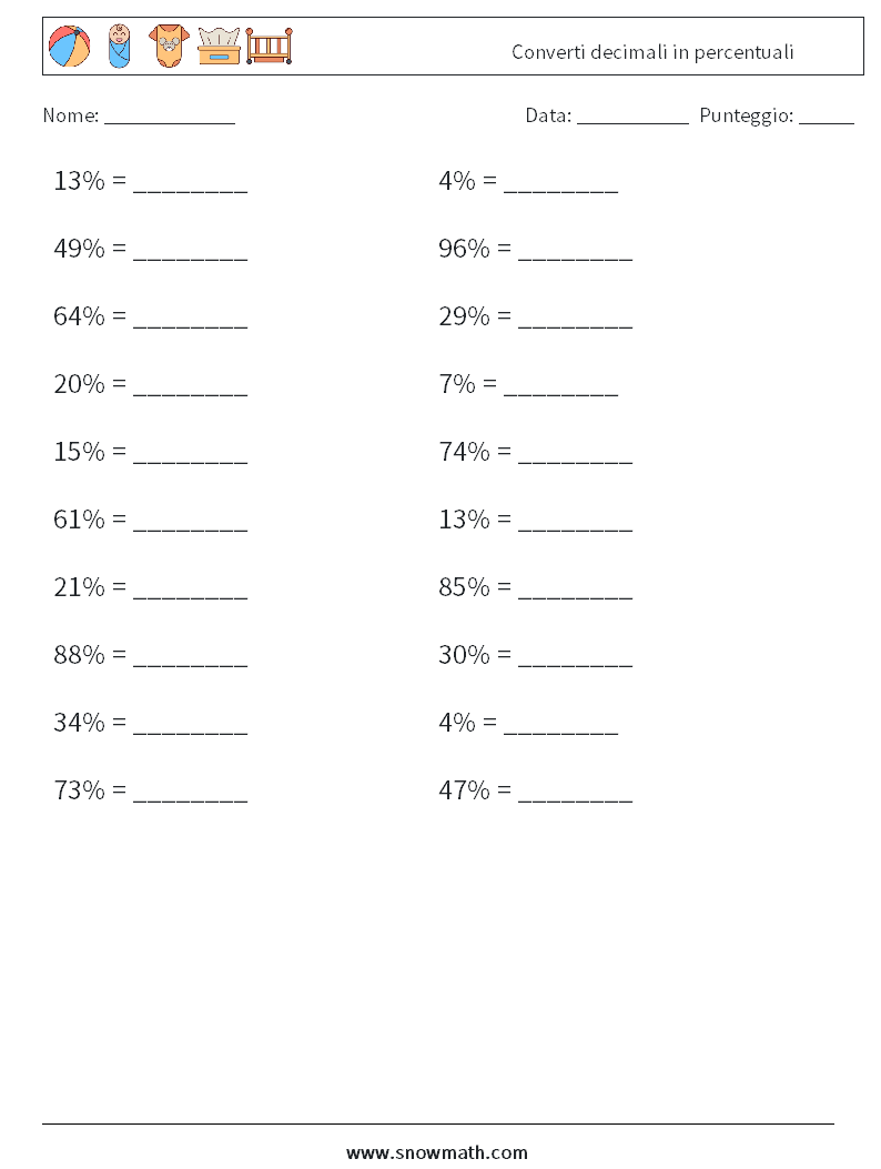 Converti decimali in percentuali Fogli di lavoro di matematica 7