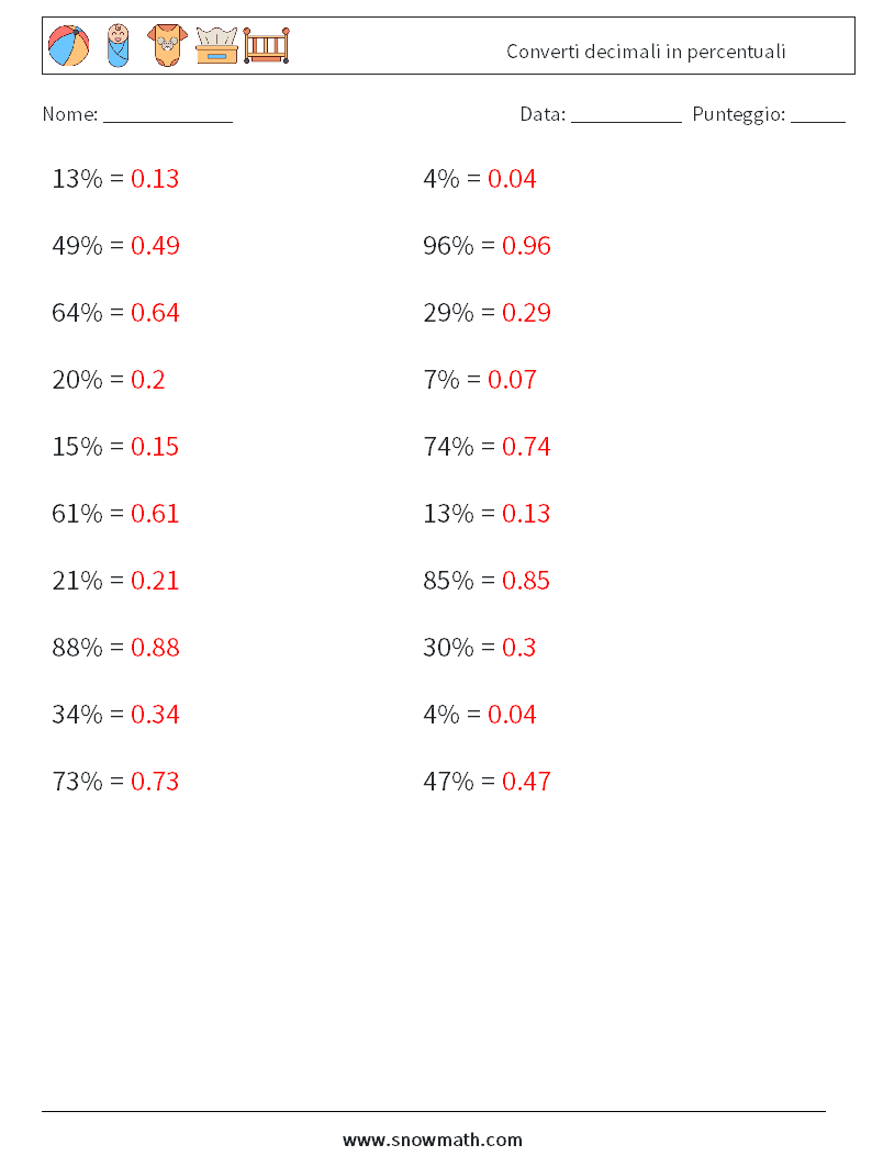 Converti decimali in percentuali Fogli di lavoro di matematica 7 Domanda, Risposta