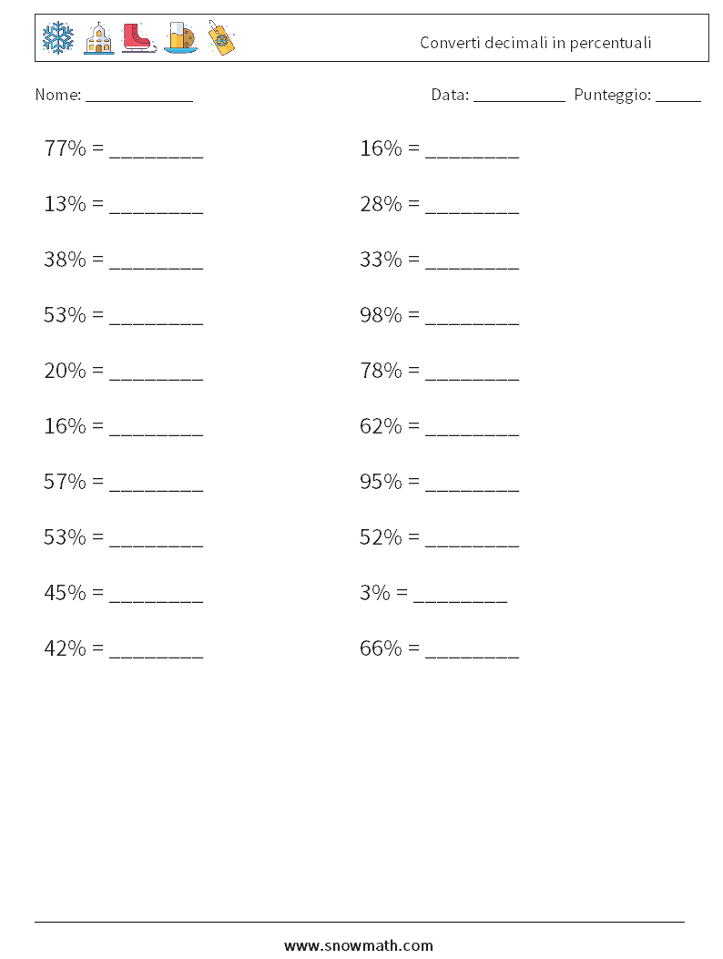 Converti decimali in percentuali Fogli di lavoro di matematica 8