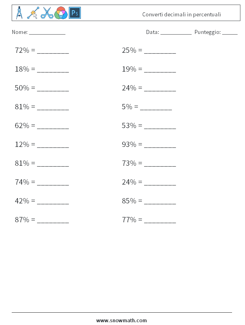 Converti decimali in percentuali Fogli di lavoro di matematica 9