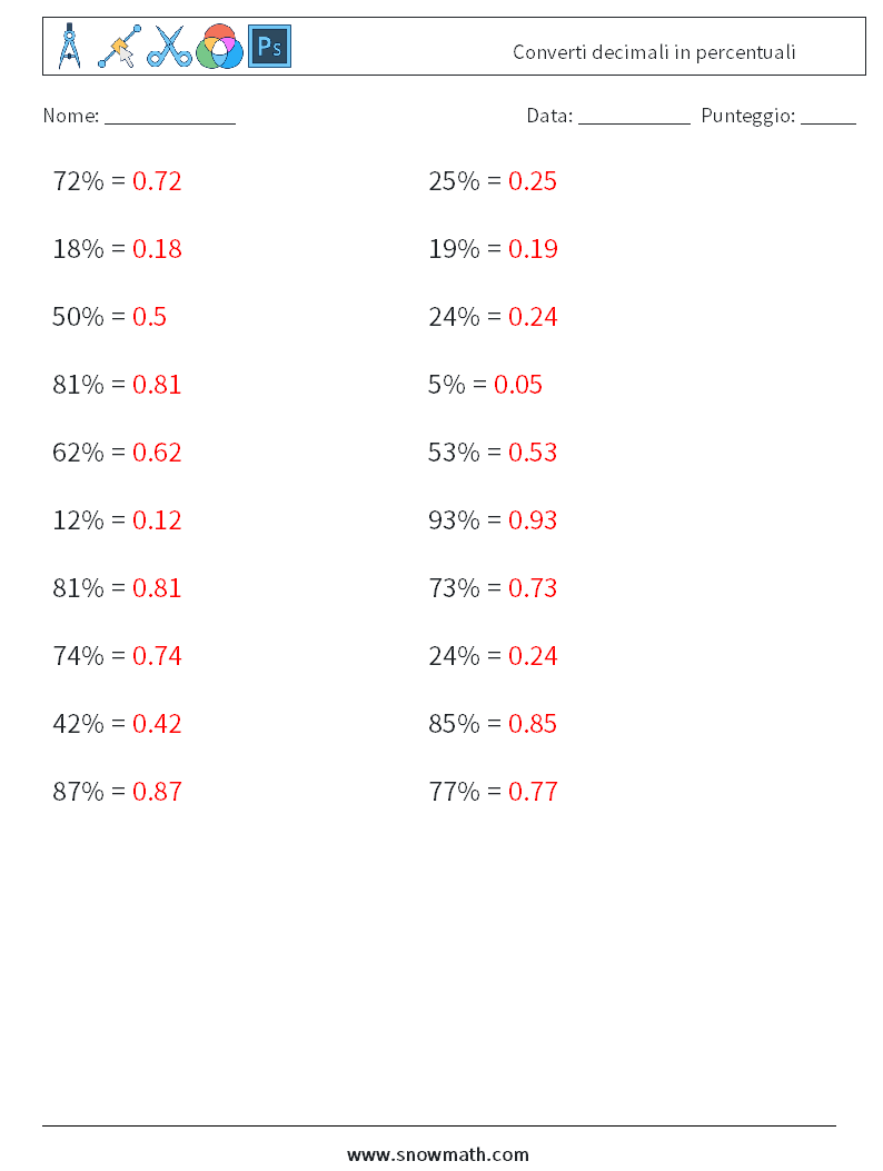 Converti decimali in percentuali Fogli di lavoro di matematica 9 Domanda, Risposta