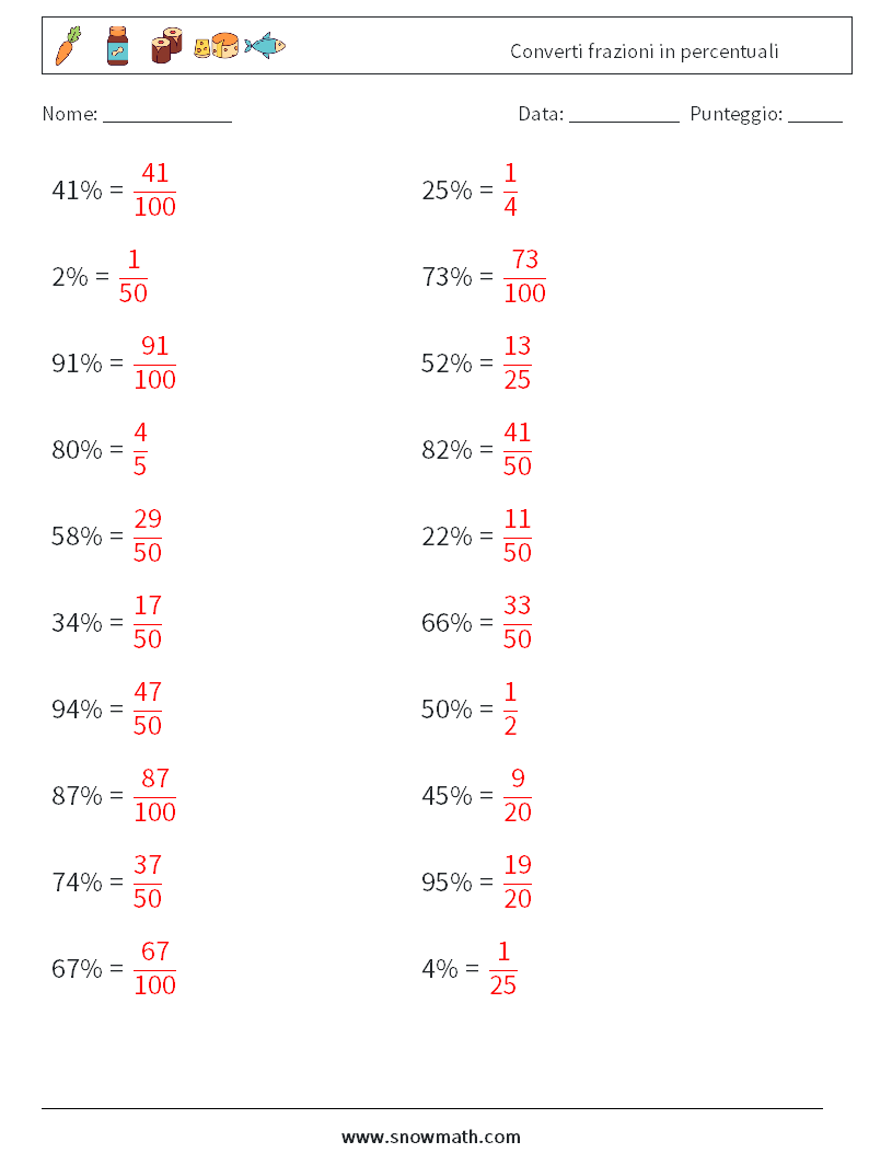 Converti frazioni in percentuali Fogli di lavoro di matematica 3 Domanda, Risposta
