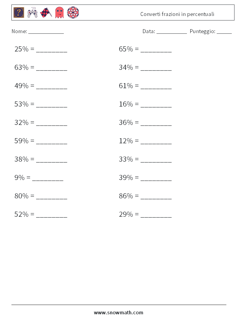 Converti frazioni in percentuali Fogli di lavoro di matematica 5
