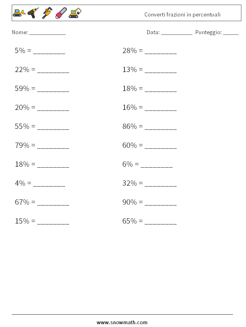 Converti frazioni in percentuali Fogli di lavoro di matematica 7