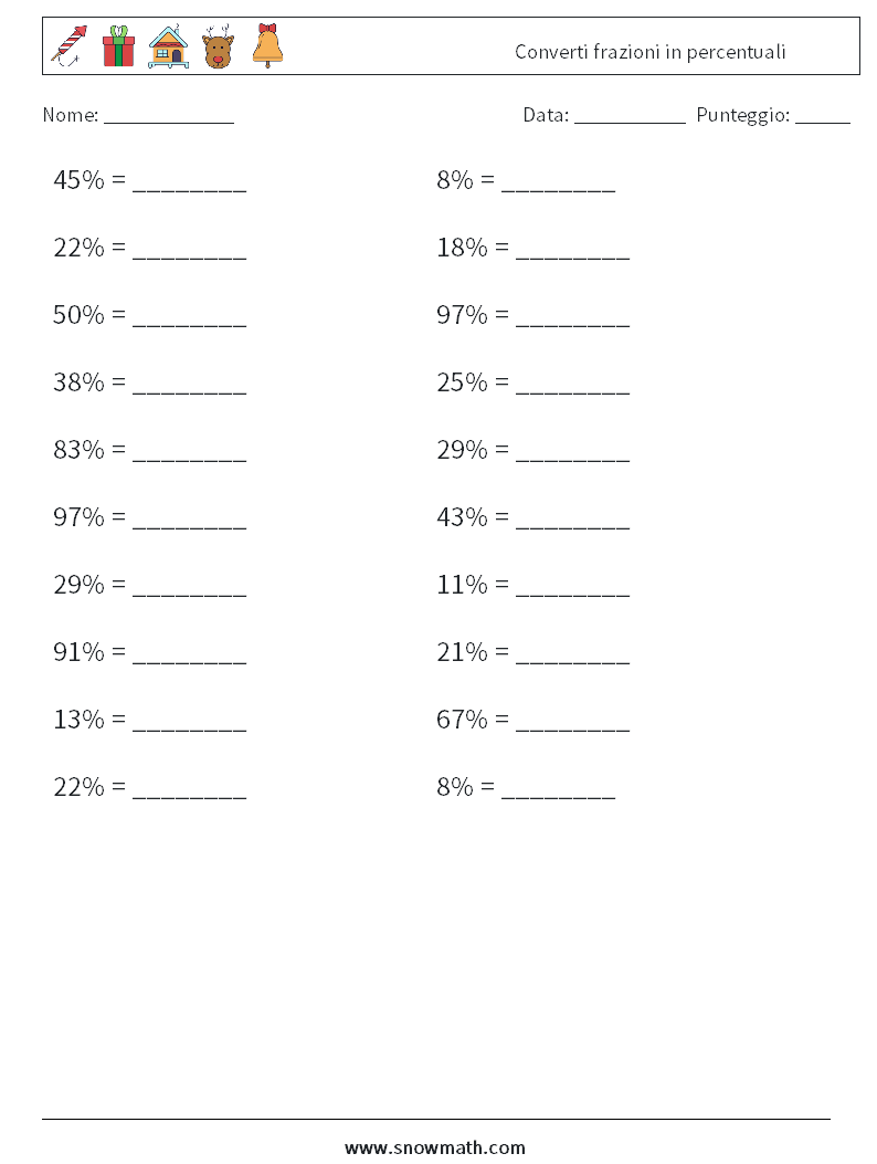 Converti frazioni in percentuali Fogli di lavoro di matematica 8