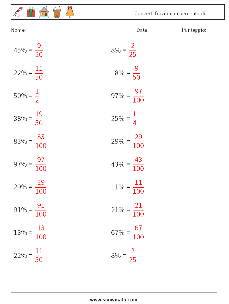 Converti frazioni in percentuali Fogli di lavoro di matematica 8 Domanda, Risposta