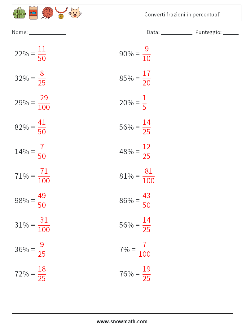Converti frazioni in percentuali Fogli di lavoro di matematica 9 Domanda, Risposta