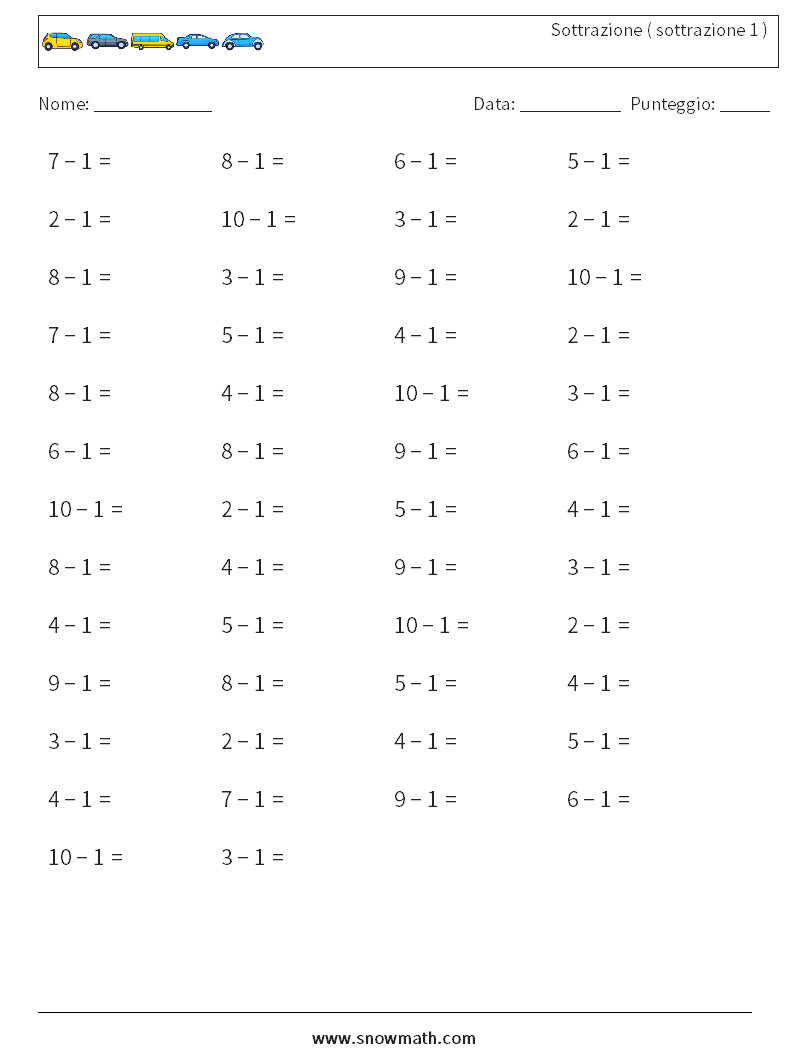 (50) Sottrazione ( sottrazione 1 ) Fogli di lavoro di matematica 2