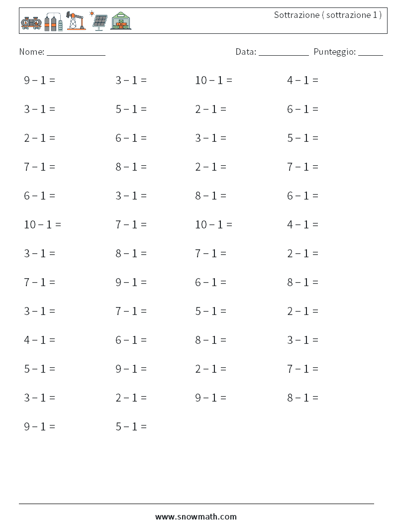 (50) Sottrazione ( sottrazione 1 ) Fogli di lavoro di matematica 3