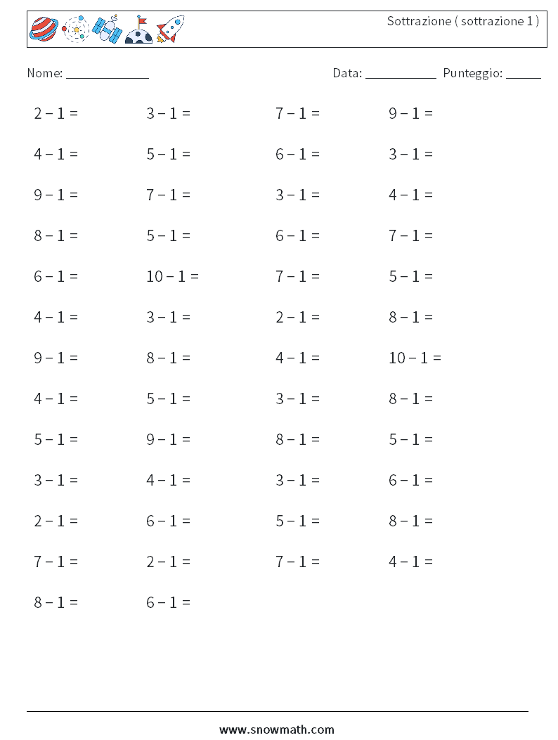 (50) Sottrazione ( sottrazione 1 ) Fogli di lavoro di matematica 4