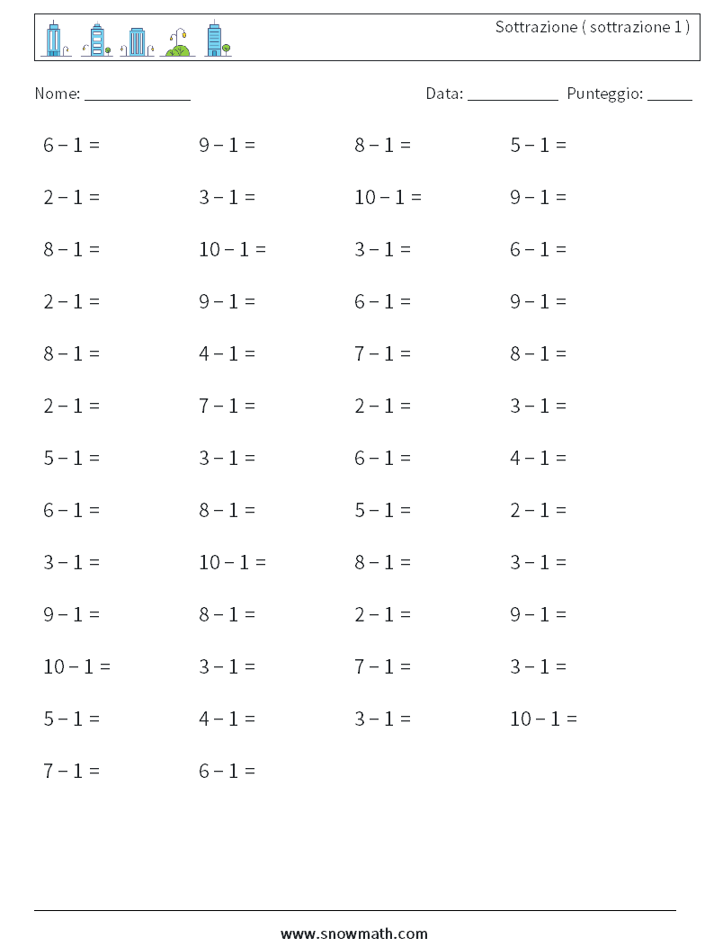 (50) Sottrazione ( sottrazione 1 ) Fogli di lavoro di matematica 8