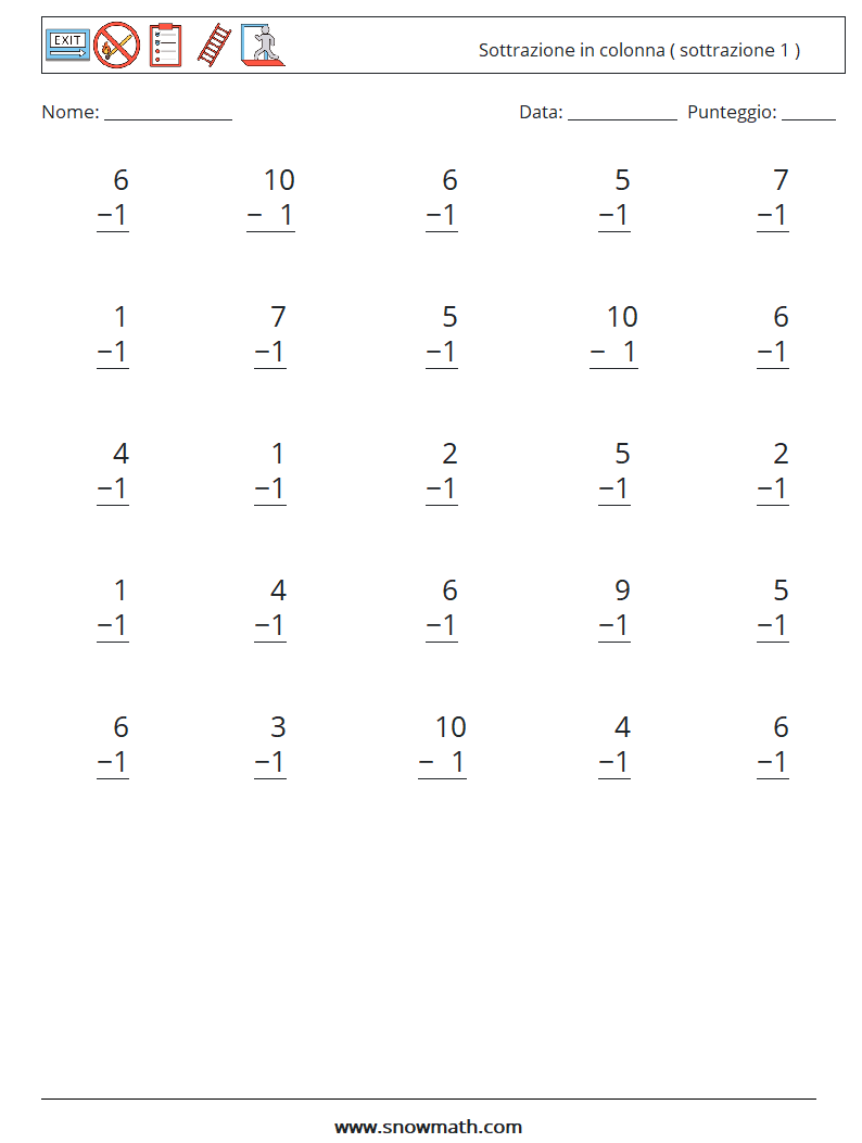 (25) Sottrazione in colonna ( sottrazione 1 ) Fogli di lavoro di matematica 1