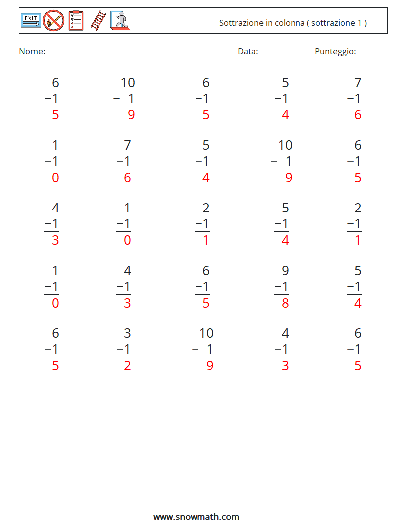 (25) Sottrazione in colonna ( sottrazione 1 ) Fogli di lavoro di matematica 1 Domanda, Risposta