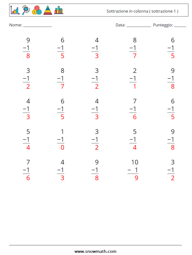 (25) Sottrazione in colonna ( sottrazione 1 ) Fogli di lavoro di matematica 2 Domanda, Risposta