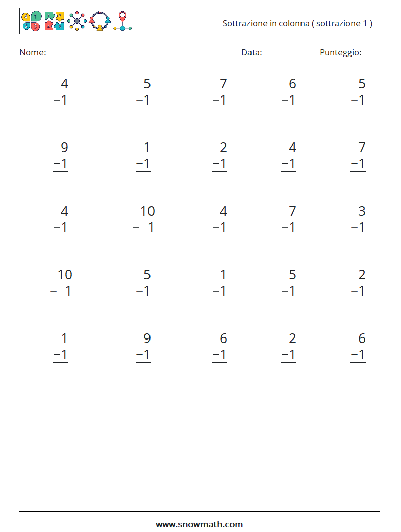 (25) Sottrazione in colonna ( sottrazione 1 ) Fogli di lavoro di matematica 3