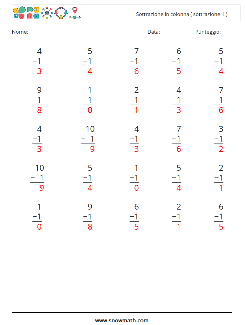 (25) Sottrazione in colonna ( sottrazione 1 ) Fogli di lavoro di matematica 3 Domanda, Risposta