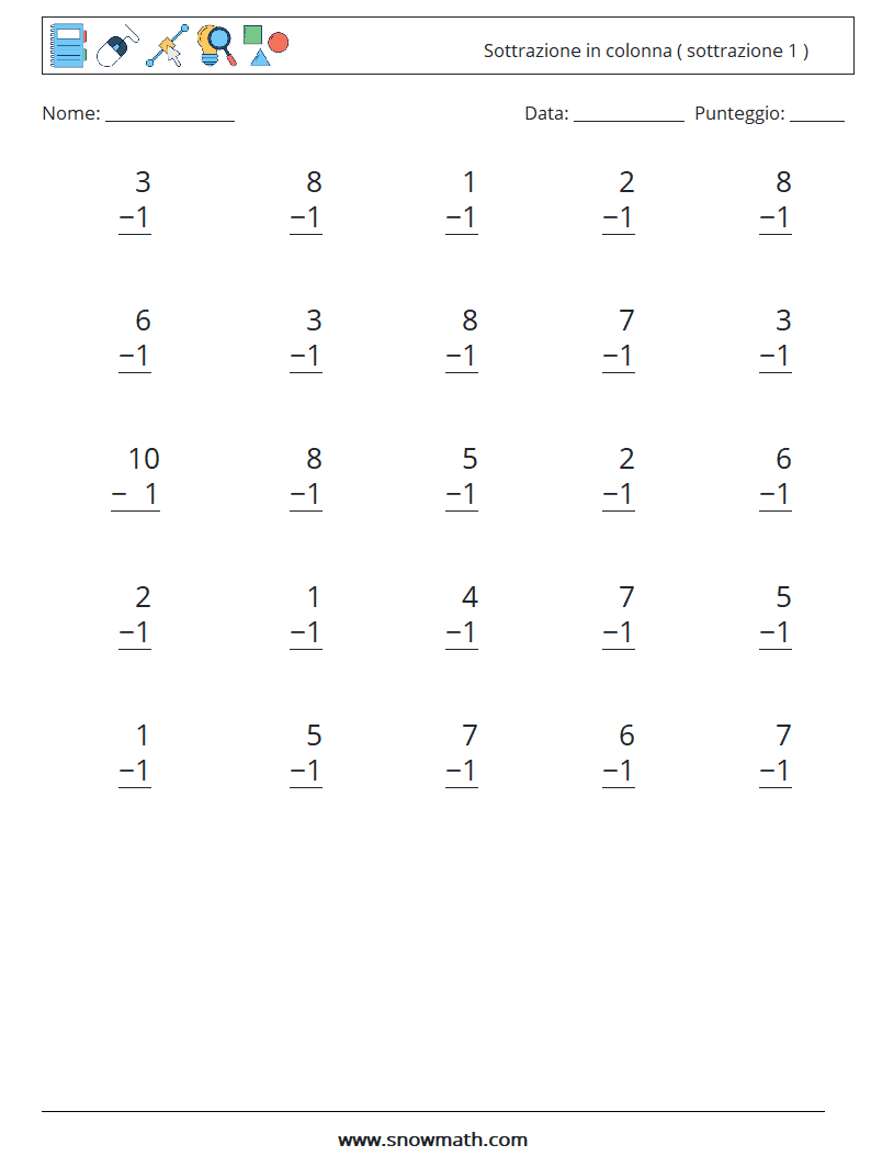 (25) Sottrazione in colonna ( sottrazione 1 ) Fogli di lavoro di matematica 4