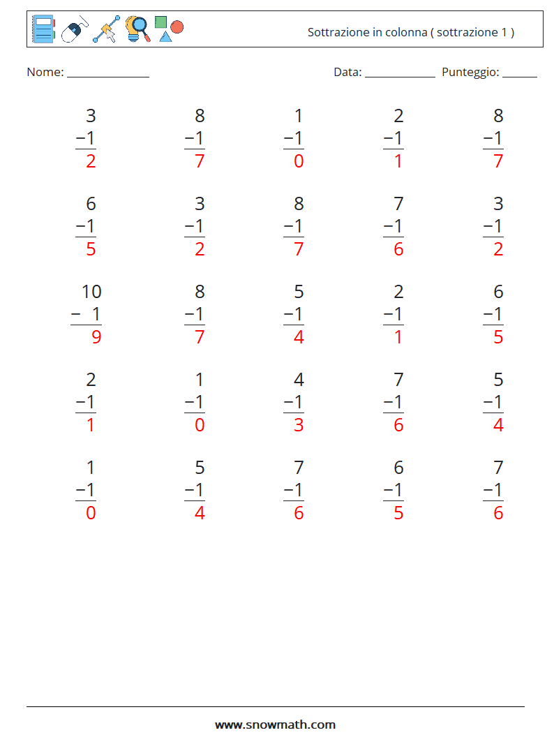 (25) Sottrazione in colonna ( sottrazione 1 ) Fogli di lavoro di matematica 4 Domanda, Risposta