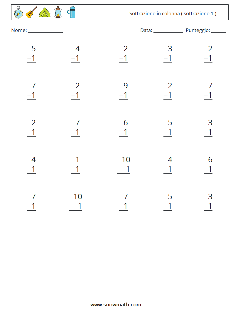 (25) Sottrazione in colonna ( sottrazione 1 ) Fogli di lavoro di matematica 5