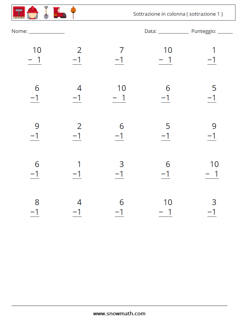 (25) Sottrazione in colonna ( sottrazione 1 ) Fogli di lavoro di matematica 6