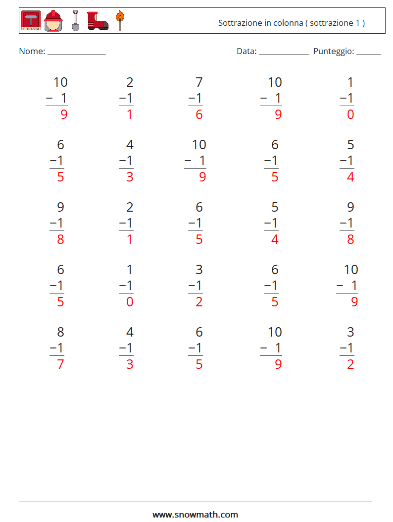 (25) Sottrazione in colonna ( sottrazione 1 ) Fogli di lavoro di matematica 6 Domanda, Risposta