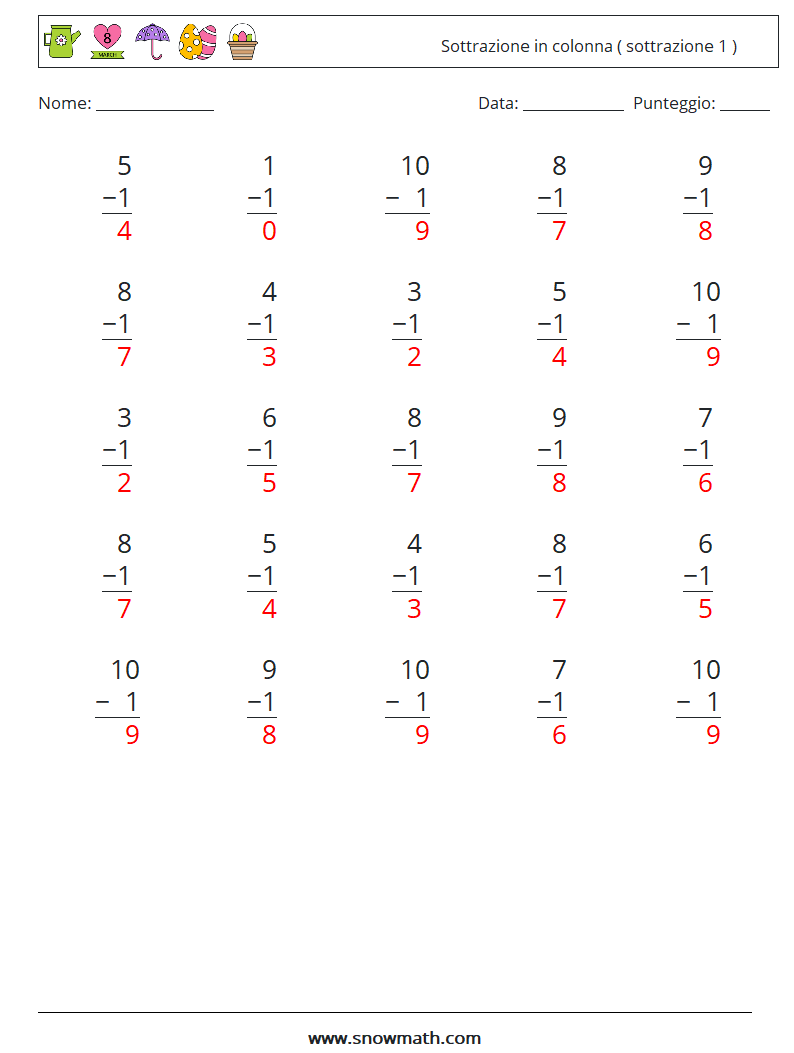 (25) Sottrazione in colonna ( sottrazione 1 ) Fogli di lavoro di matematica 7 Domanda, Risposta