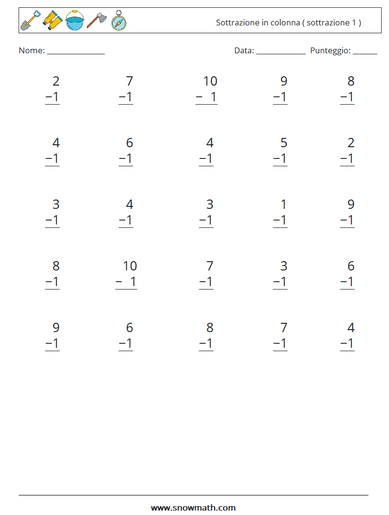 (25) Sottrazione in colonna ( sottrazione 1 ) Fogli di lavoro di matematica 8