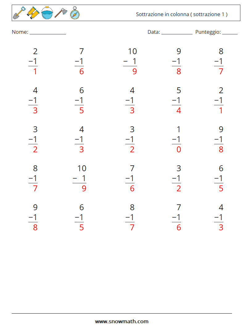 (25) Sottrazione in colonna ( sottrazione 1 ) Fogli di lavoro di matematica 8 Domanda, Risposta