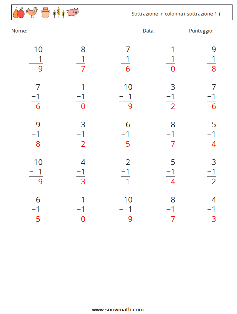 (25) Sottrazione in colonna ( sottrazione 1 ) Fogli di lavoro di matematica 9 Domanda, Risposta