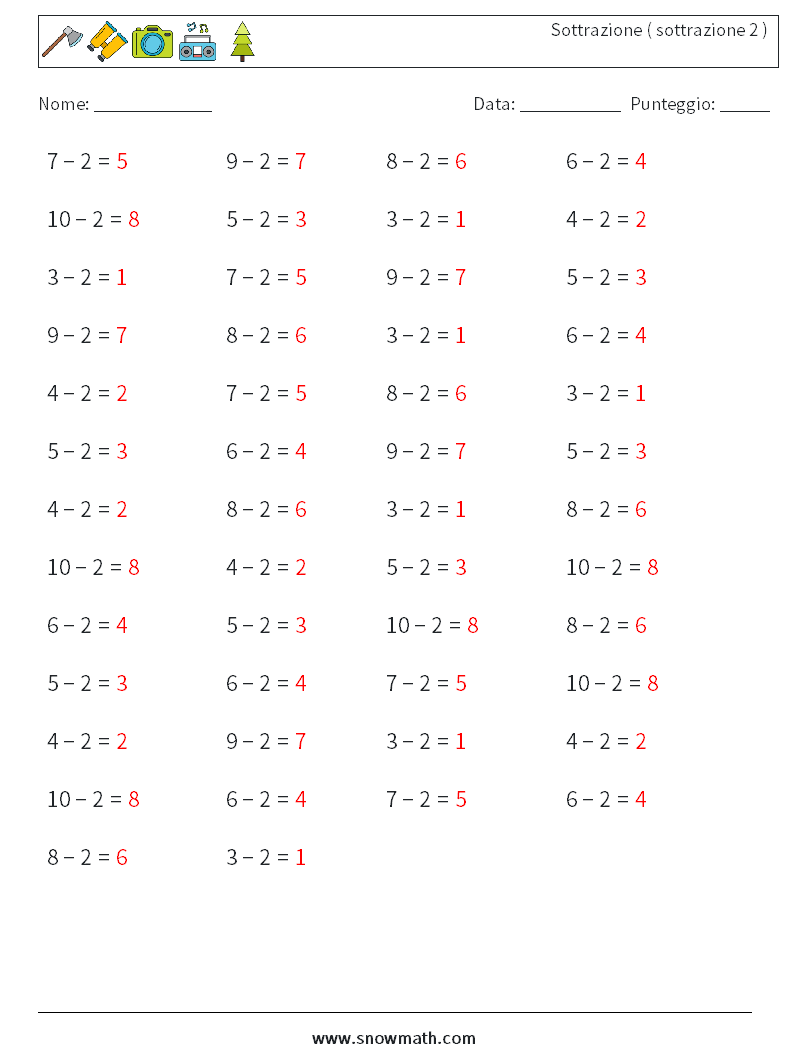 (50) Sottrazione ( sottrazione 2 ) Fogli di lavoro di matematica 1 Domanda, Risposta
