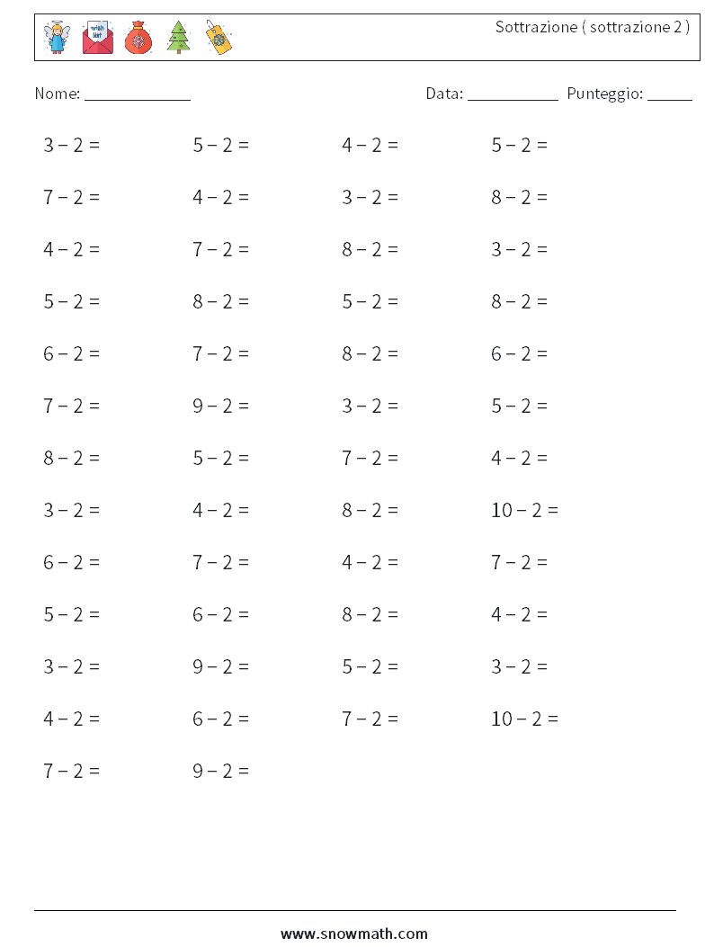 (50) Sottrazione ( sottrazione 2 ) Fogli di lavoro di matematica 2