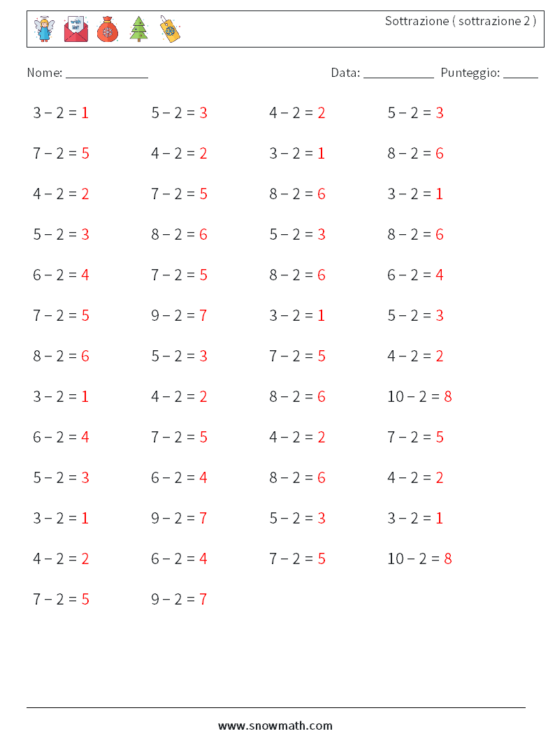 (50) Sottrazione ( sottrazione 2 ) Fogli di lavoro di matematica 2 Domanda, Risposta
