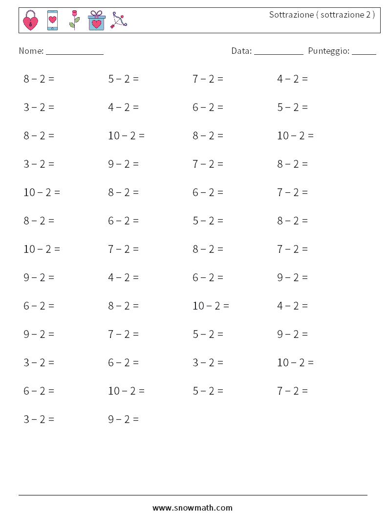 (50) Sottrazione ( sottrazione 2 ) Fogli di lavoro di matematica 3