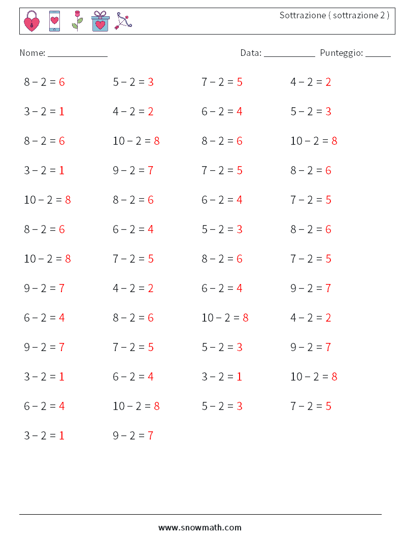 (50) Sottrazione ( sottrazione 2 ) Fogli di lavoro di matematica 3 Domanda, Risposta