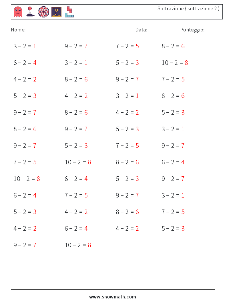 (50) Sottrazione ( sottrazione 2 ) Fogli di lavoro di matematica 5 Domanda, Risposta