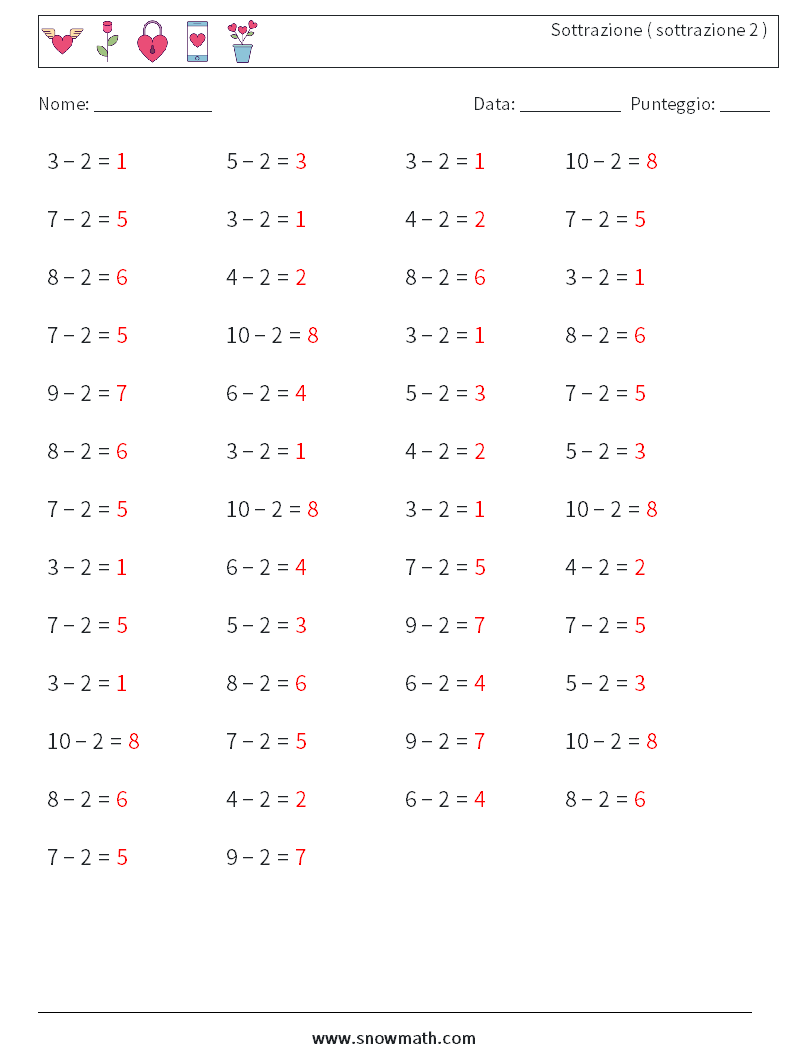 (50) Sottrazione ( sottrazione 2 ) Fogli di lavoro di matematica 6 Domanda, Risposta