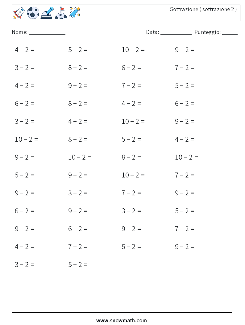 (50) Sottrazione ( sottrazione 2 ) Fogli di lavoro di matematica 7