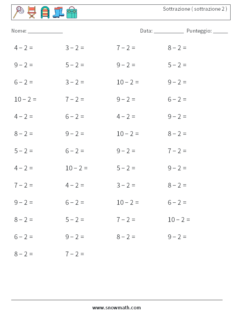 (50) Sottrazione ( sottrazione 2 ) Fogli di lavoro di matematica 8