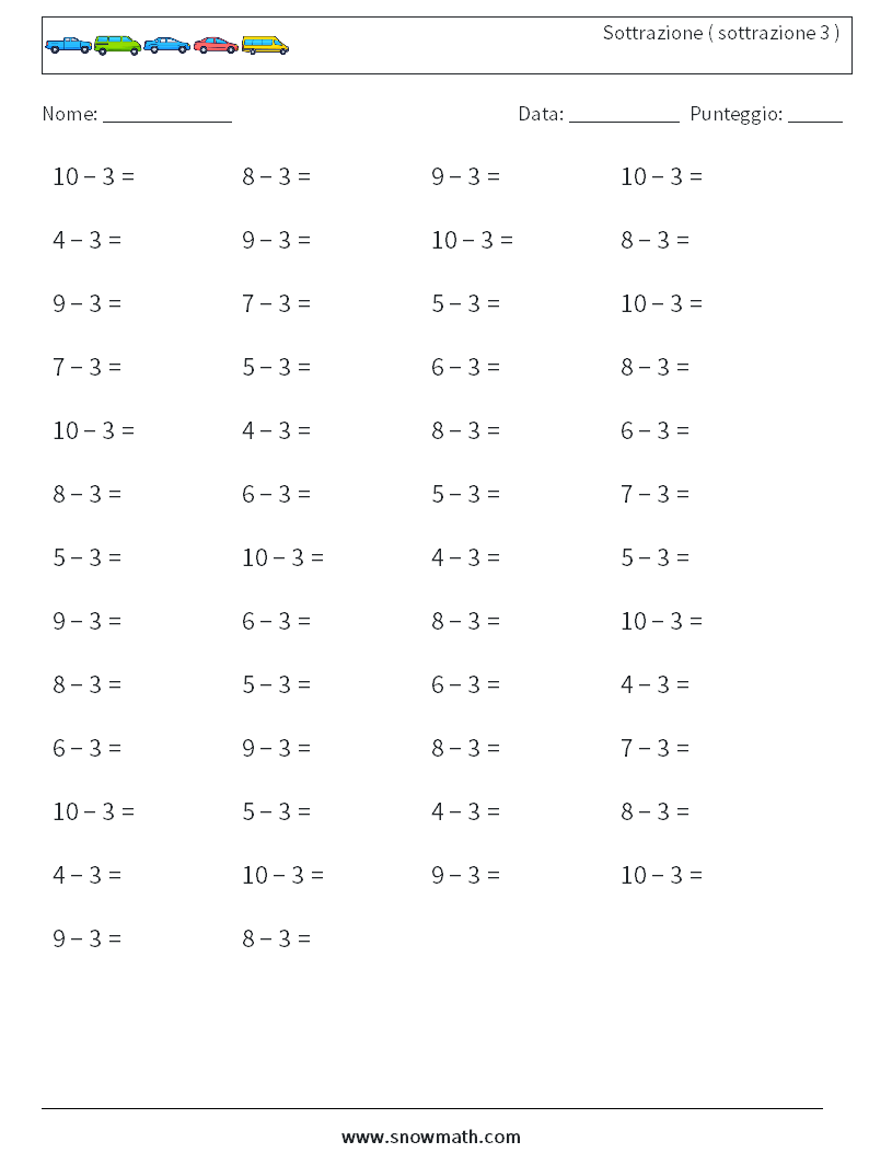 (50) Sottrazione ( sottrazione 3 ) Fogli di lavoro di matematica 2