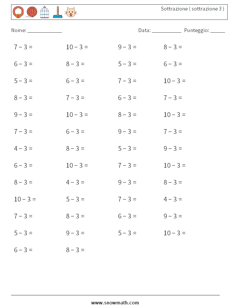 (50) Sottrazione ( sottrazione 3 ) Fogli di lavoro di matematica 4