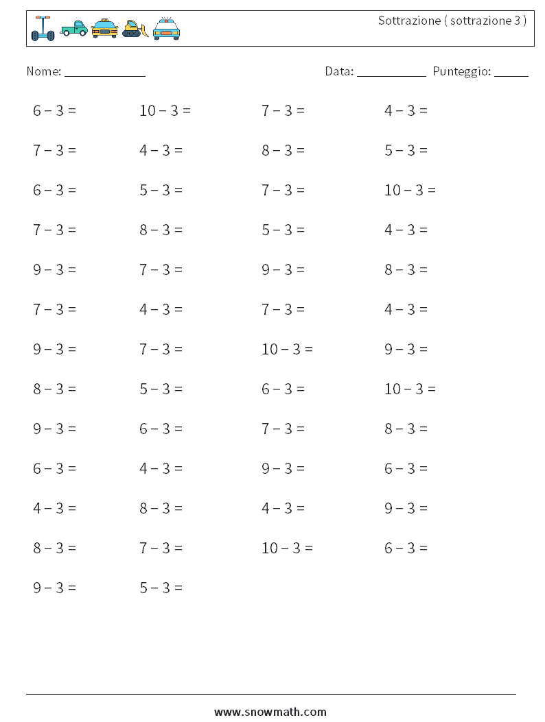 (50) Sottrazione ( sottrazione 3 ) Fogli di lavoro di matematica 5